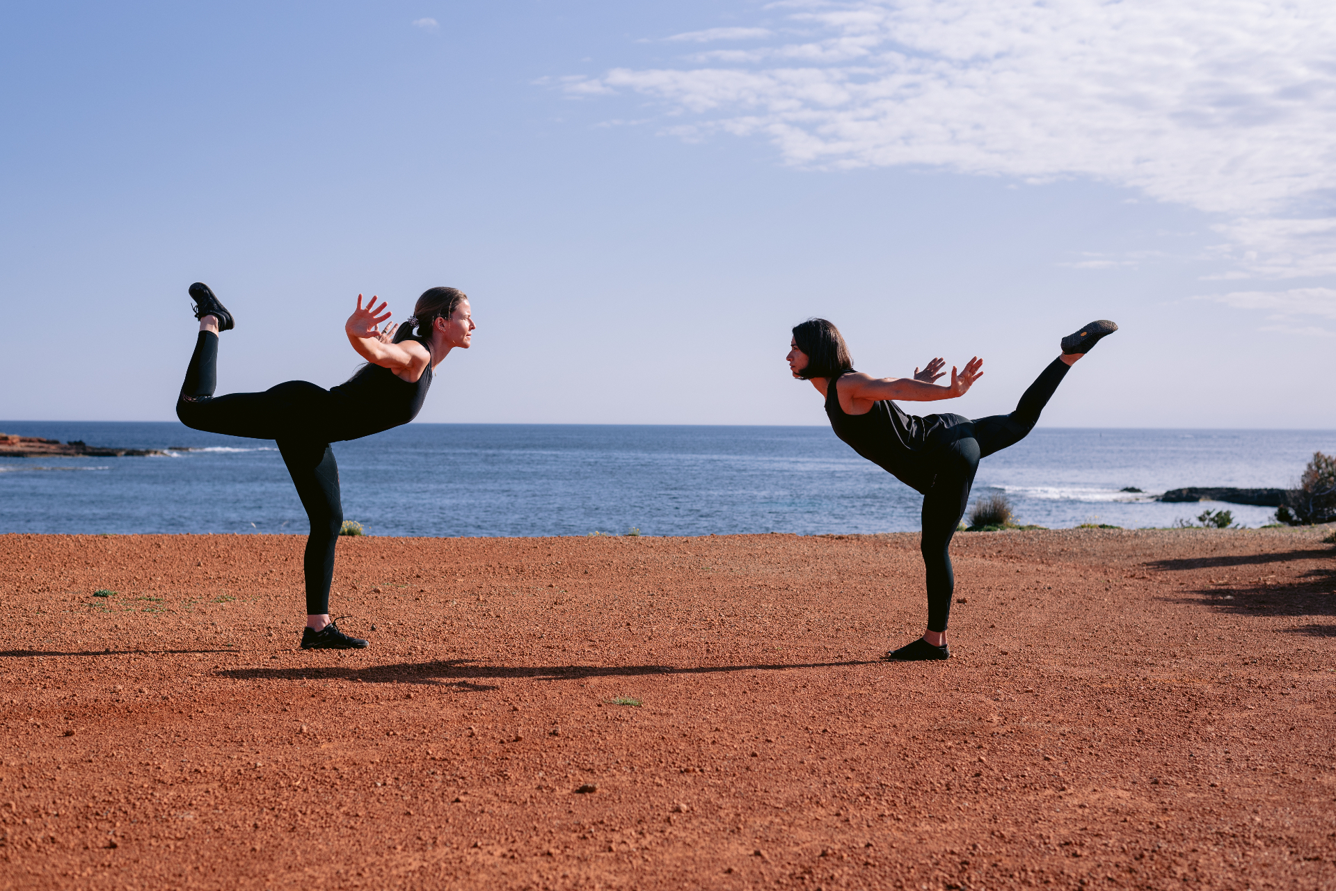 Two practitioners demonstrating dynamic White Tiger Qigong poses by the ocean